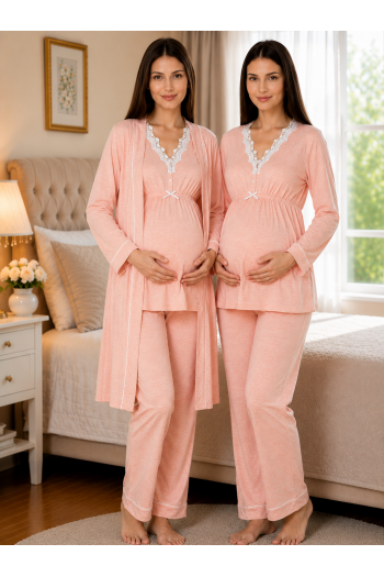 Effortt 3054 Somon Dantel Detaylı Sabahlıklı Lohusa Pijama Takımı Effortt 3054 Somon Dantel Detaylı Sabahlıklı Lohusa Pijama Takımı